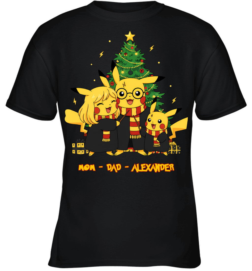 Pikachu x Harry Potter Parents & Son Custom Name Christmas T-Shirt for Family