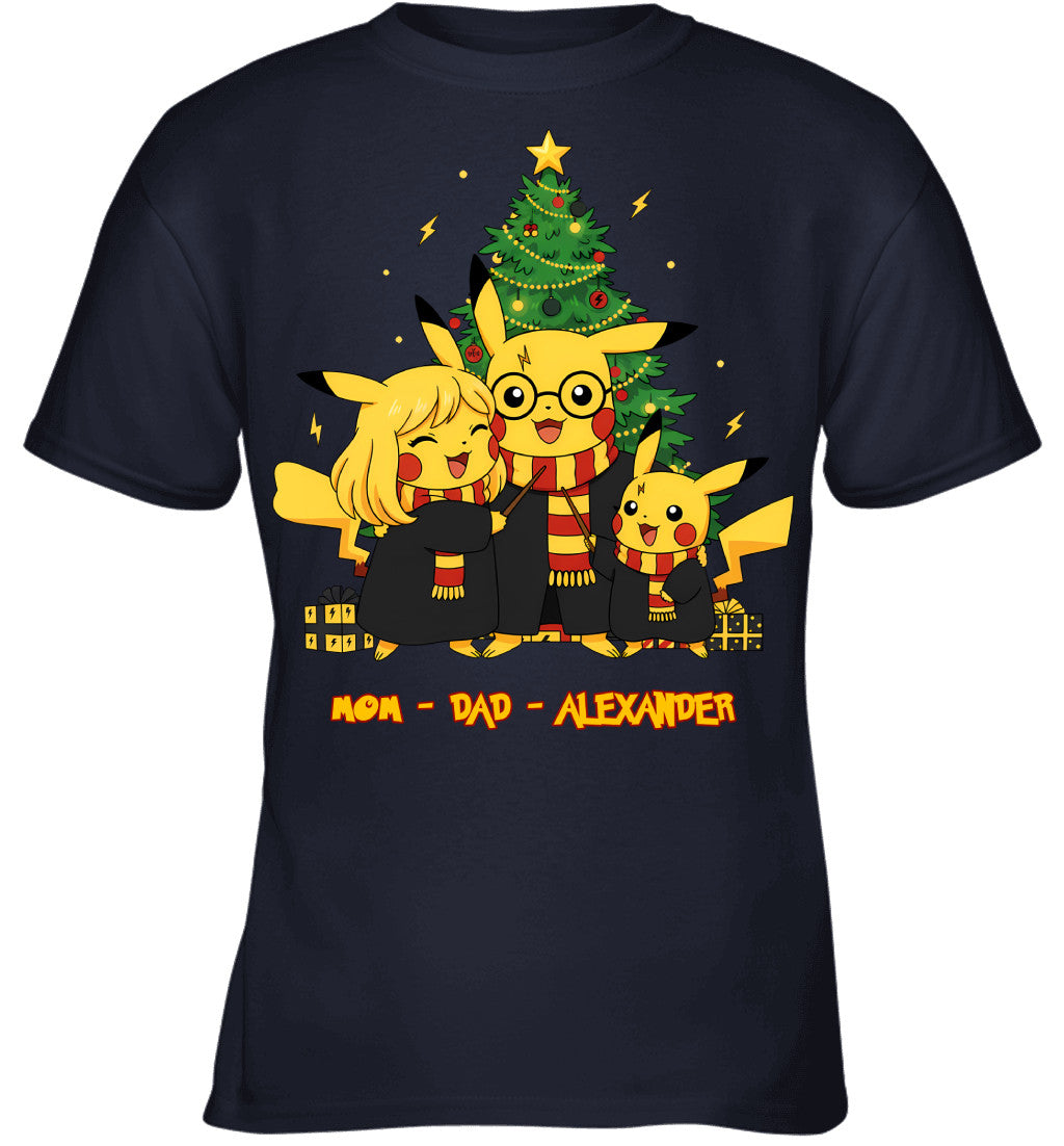 Pikachu x Harry Potter Parents & Son Custom Name Christmas T-Shirt for Family