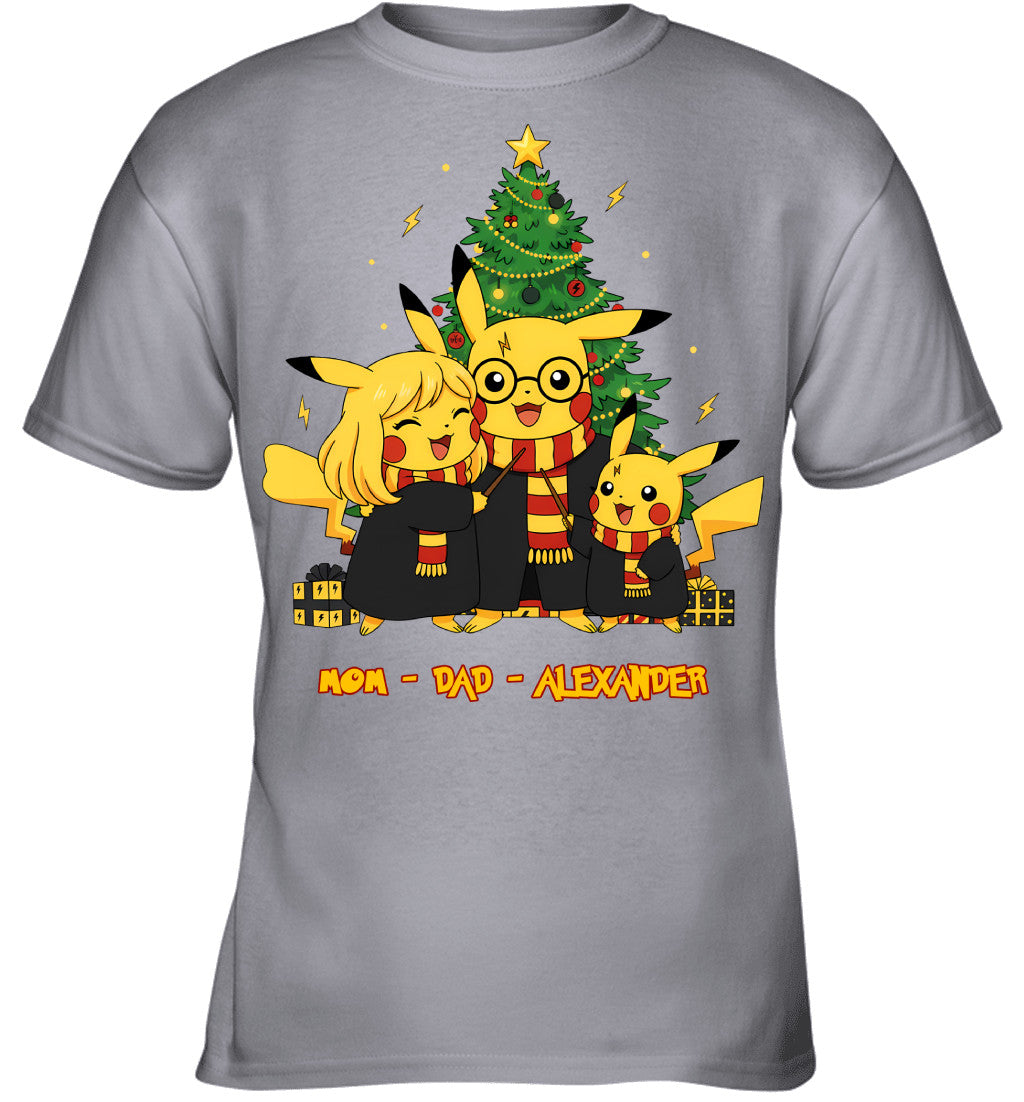 Pikachu x Harry Potter Parents & Son Custom Name Christmas T-Shirt for Family