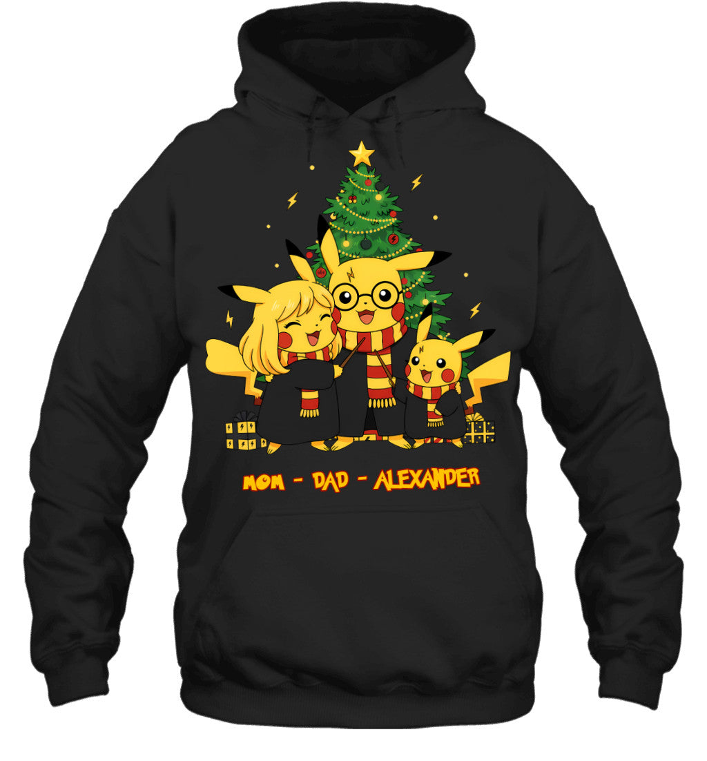 Pikachu x Harry Potter Parents & Son Custom Name Christmas T-Shirt for Family