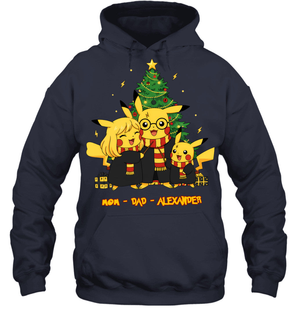 Pikachu x Harry Potter Parents & Son Custom Name Christmas T-Shirt for Family