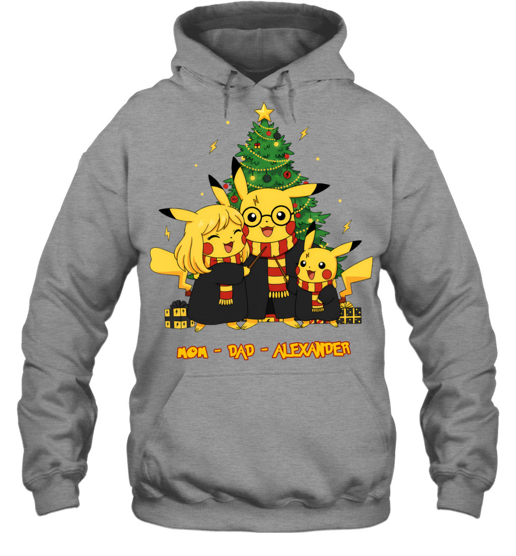Pikachu x Harry Potter Parents & Son Custom Name Christmas T-Shirt for Family