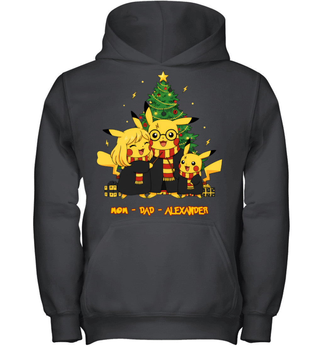 Pikachu x Harry Potter Parents & Son Custom Name Christmas T-Shirt for Family