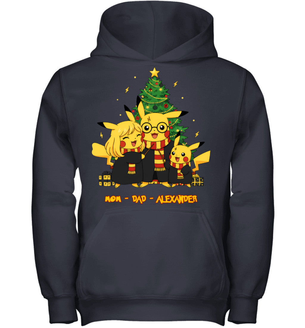 Pikachu x Harry Potter Parents & Son Custom Name Christmas T-Shirt for Family