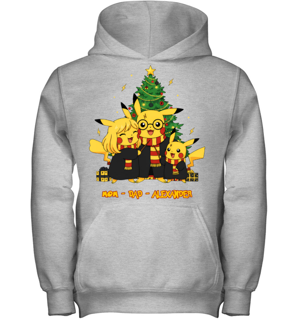 Pikachu x Harry Potter Parents & Son Custom Name Christmas T-Shirt for Family