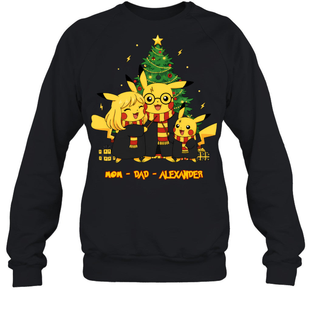 Pikachu x Harry Potter Parents & Son Custom Name Christmas T-Shirt for Family