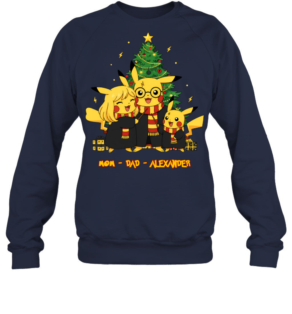 Pikachu x Harry Potter Parents & Son Custom Name Christmas T-Shirt for Family