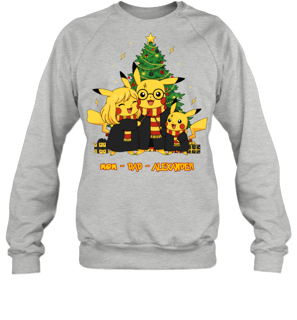 Pikachu x Harry Potter Parents & Son Custom Name Christmas T-Shirt for Family