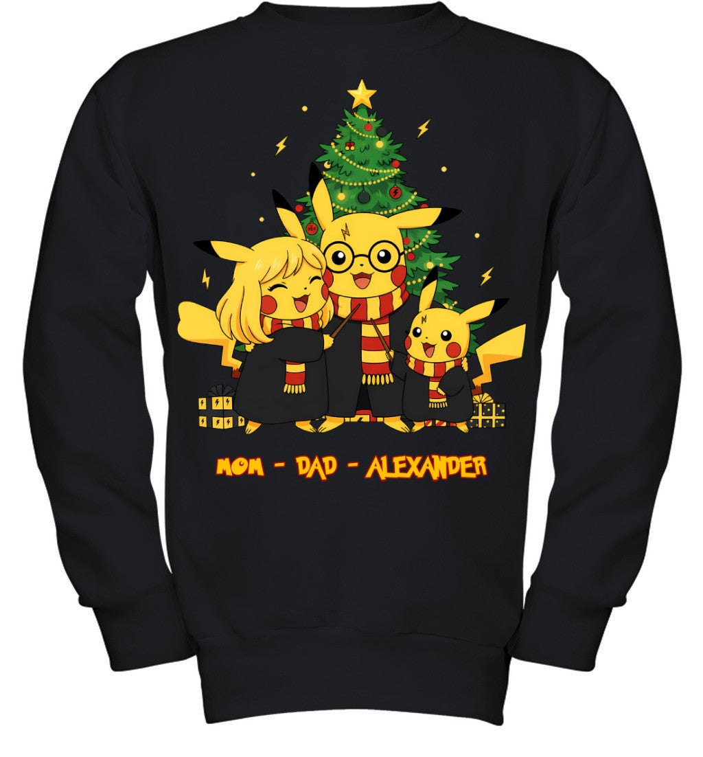 Pikachu x Harry Potter Parents & Son Custom Name Christmas T-Shirt for Family