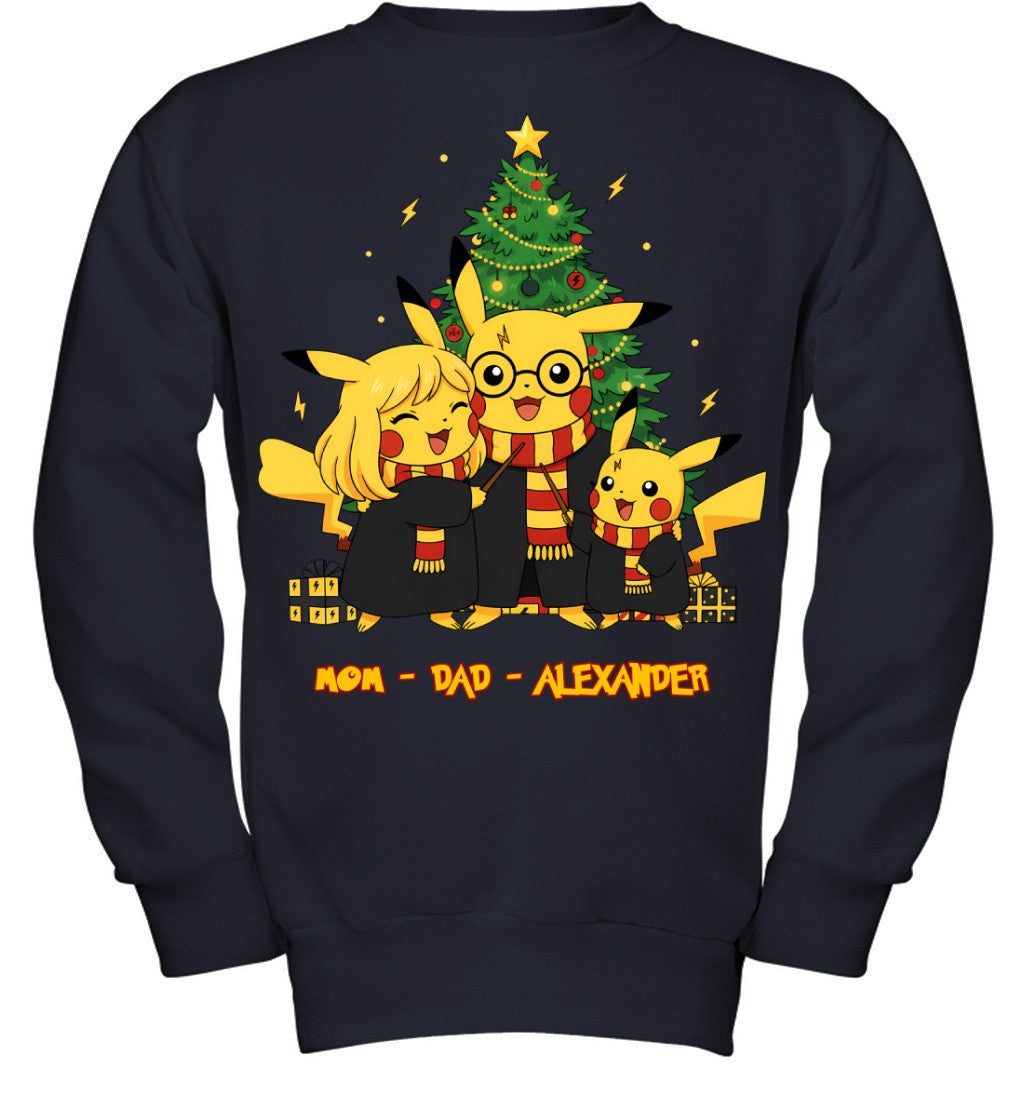 Pikachu x Harry Potter Parents & Son Custom Name Christmas T-Shirt for Family