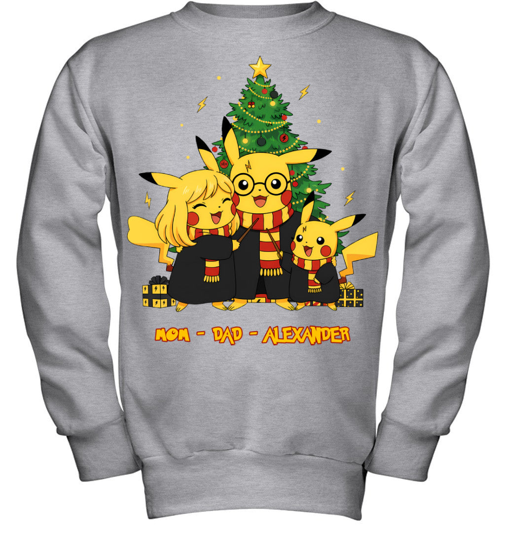 Pikachu x Harry Potter Parents & Son Custom Name Christmas T-Shirt for Family