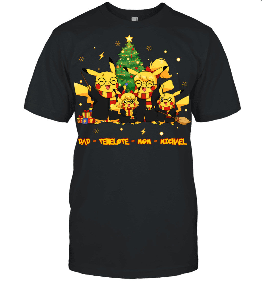 Pikachu x Harry Potter Parents & Kids Custom Name Christmas T-Shirt for Family