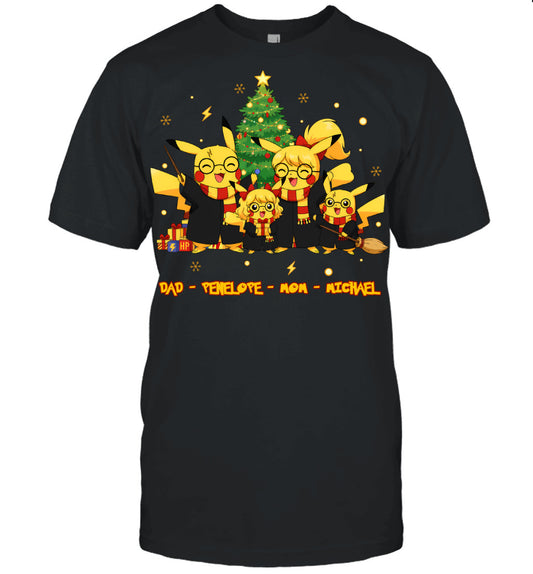 Pikachu x Harry Potter Parents & Kids Custom Name Christmas T-Shirt for Family