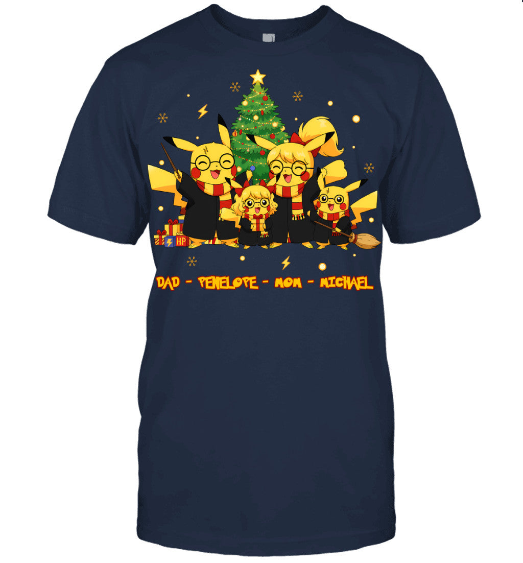 Pikachu x Harry Potter Parents & Kids Custom Name Christmas T-Shirt for Family