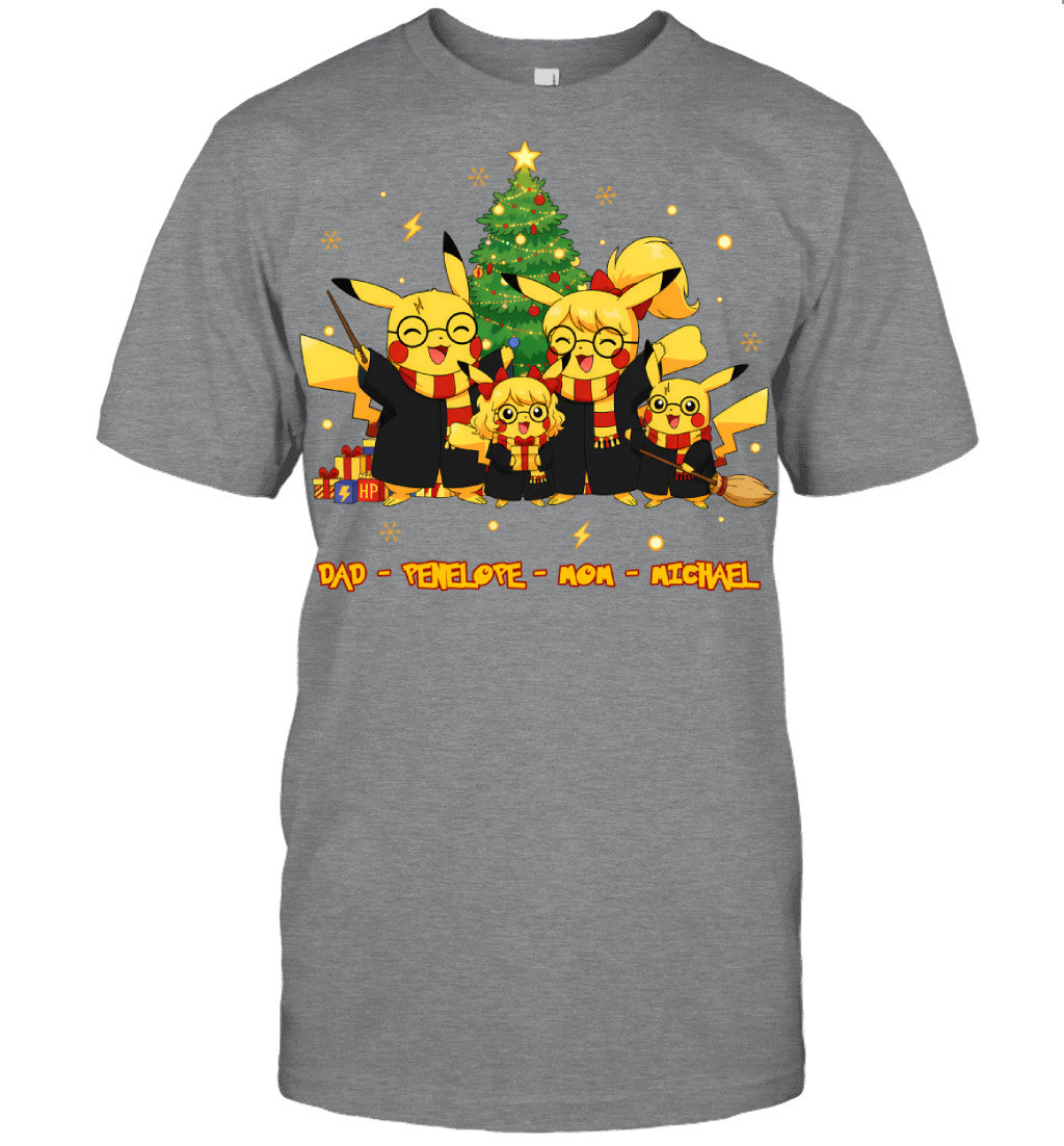Pikachu x Harry Potter Parents & Kids Custom Name Christmas T-Shirt for Family