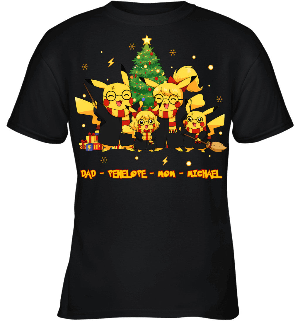 Pikachu x Harry Potter Parents & Kids Custom Name Christmas T-Shirt for Family