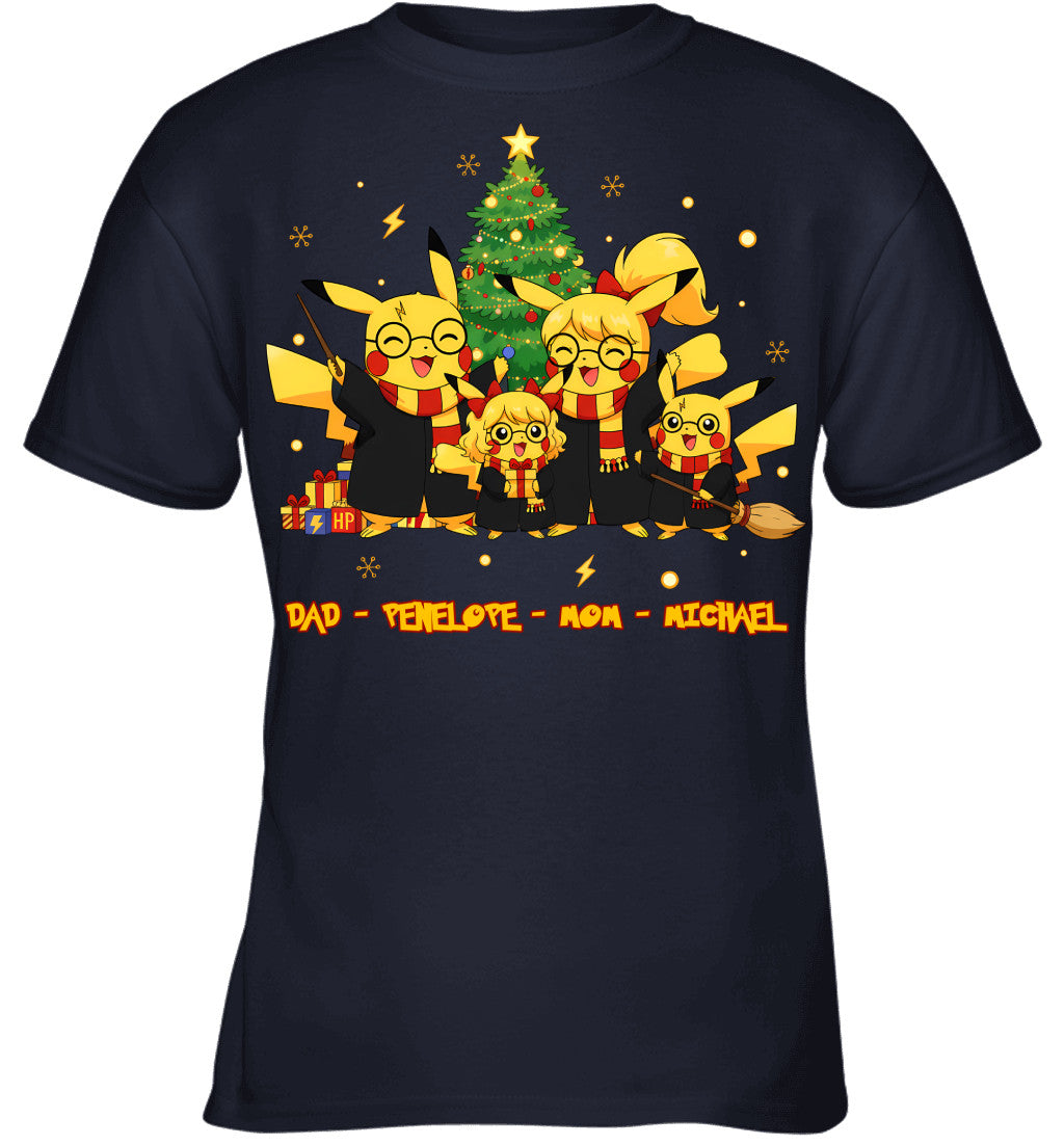 Pikachu x Harry Potter Parents & Kids Custom Name Christmas T-Shirt for Family