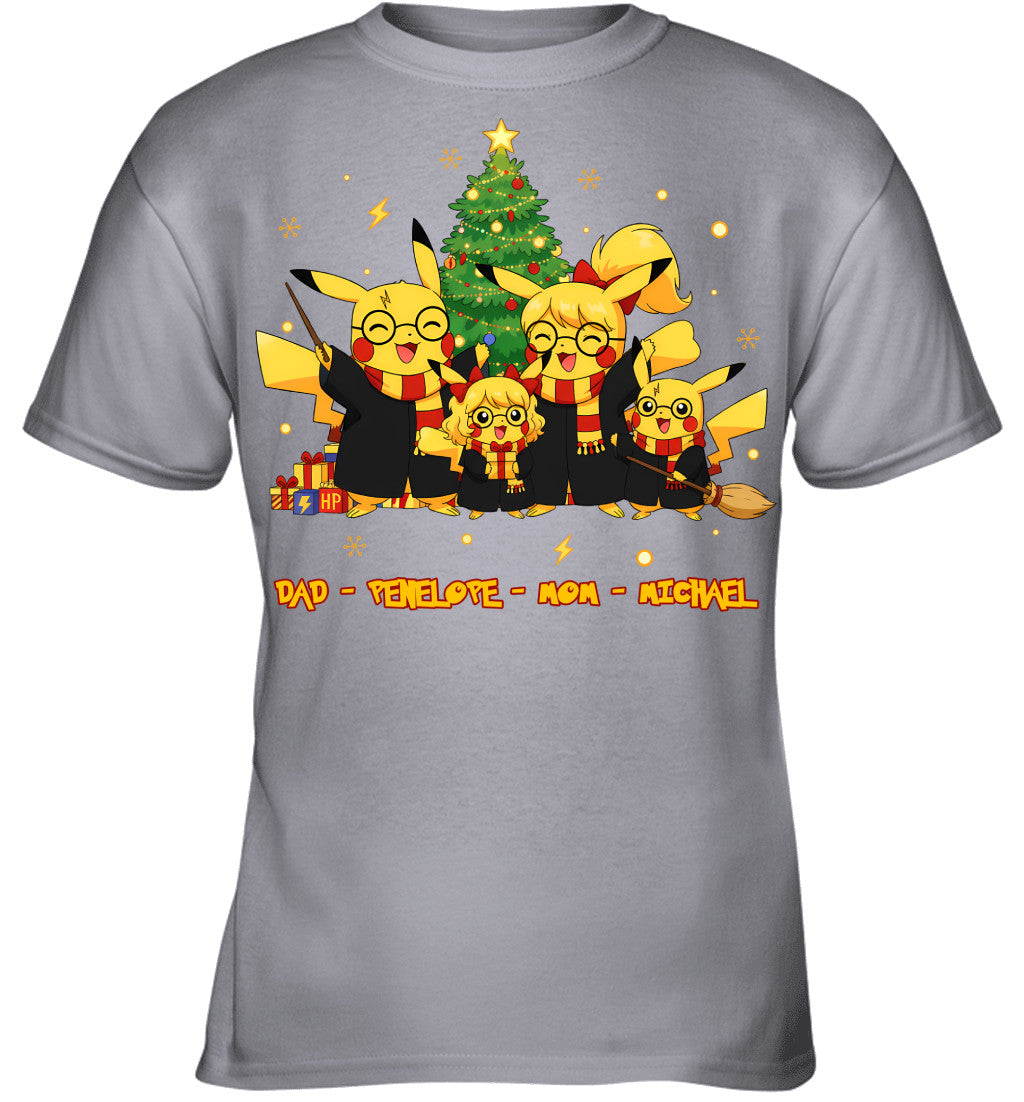 Pikachu x Harry Potter Parents & Kids Custom Name Christmas T-Shirt for Family