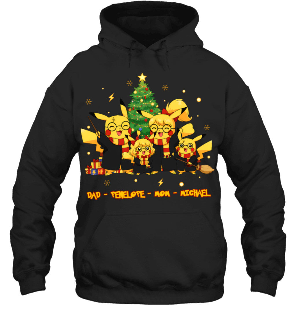 Pikachu x Harry Potter Parents & Kids Custom Name Christmas T-Shirt for Family