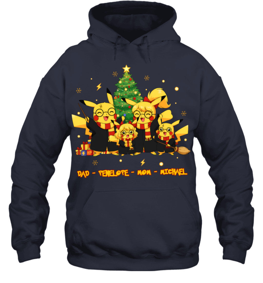 Pikachu x Harry Potter Parents & Kids Custom Name Christmas T-Shirt for Family