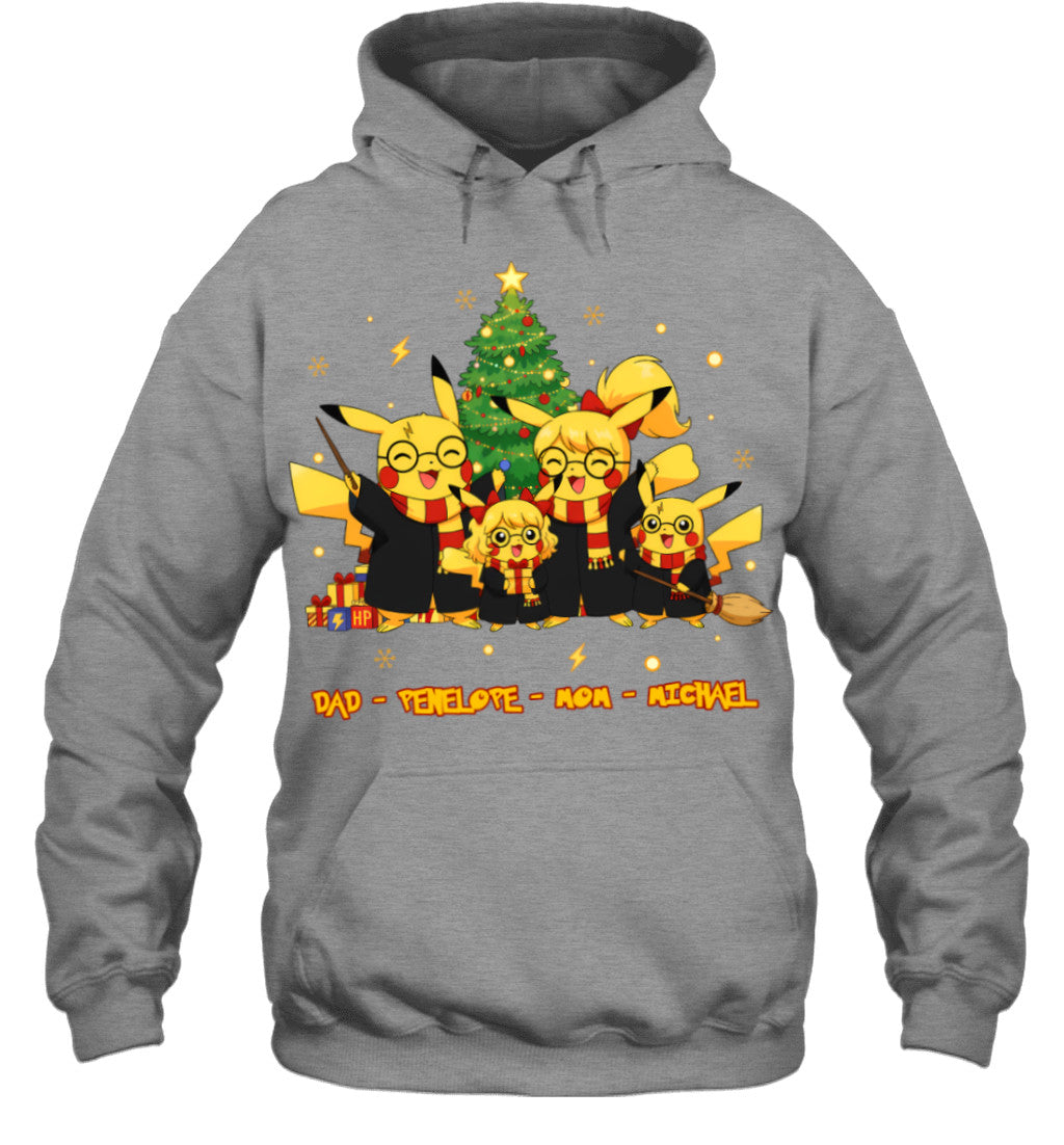 Pikachu x Harry Potter Parents & Kids Custom Name Christmas T-Shirt for Family