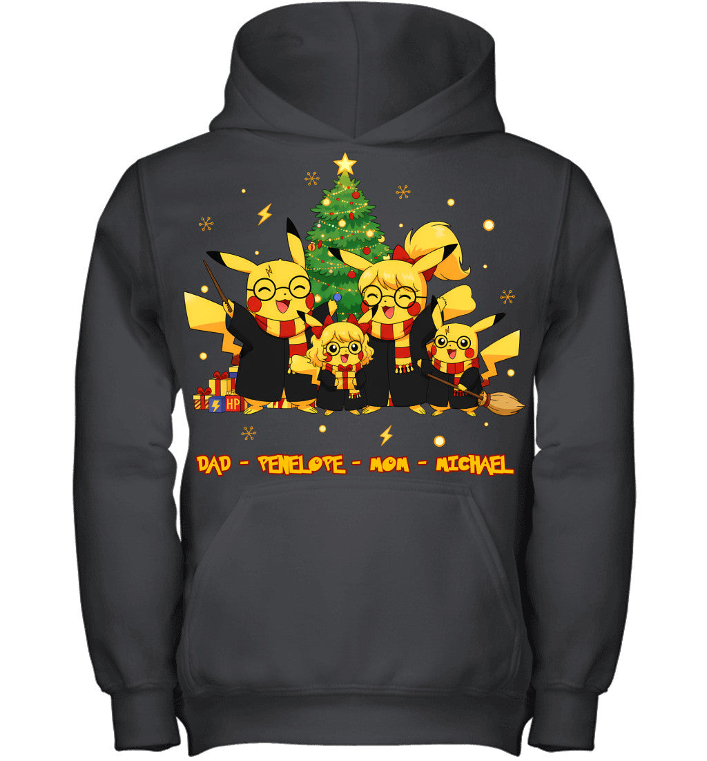 Pikachu x Harry Potter Parents & Kids Custom Name Christmas T-Shirt for Family