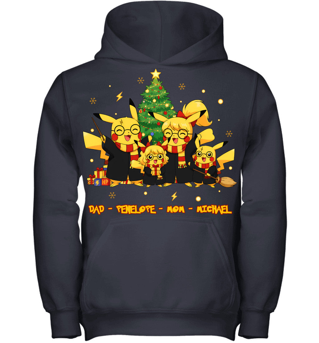 Pikachu x Harry Potter Parents & Kids Custom Name Christmas T-Shirt for Family