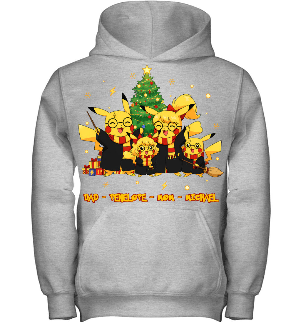 Pikachu x Harry Potter Parents & Kids Custom Name Christmas T-Shirt for Family