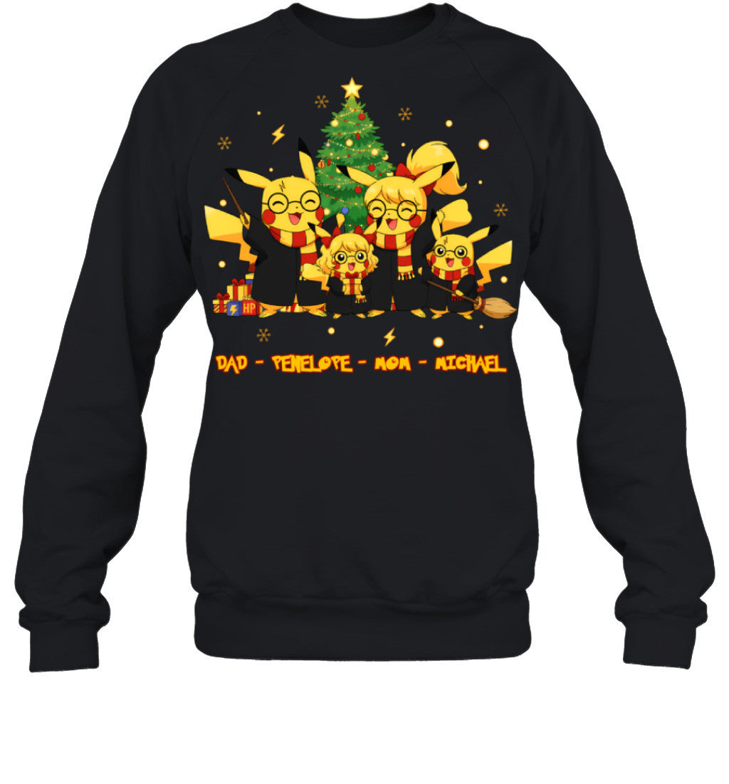 Pikachu x Harry Potter Parents & Kids Custom Name Christmas T-Shirt for Family