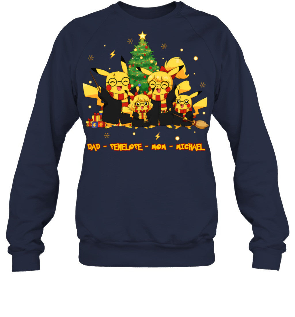 Pikachu x Harry Potter Parents & Kids Custom Name Christmas T-Shirt for Family