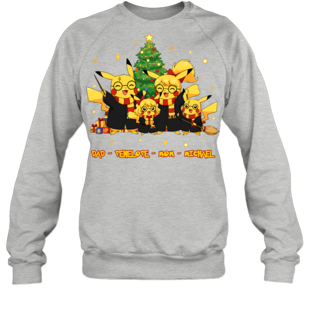 Pikachu x Harry Potter Parents & Kids Custom Name Christmas T-Shirt for Family