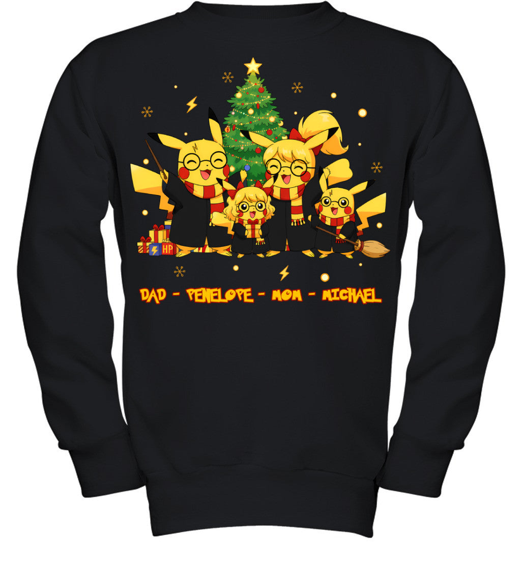 Pikachu x Harry Potter Parents & Kids Custom Name Christmas T-Shirt for Family