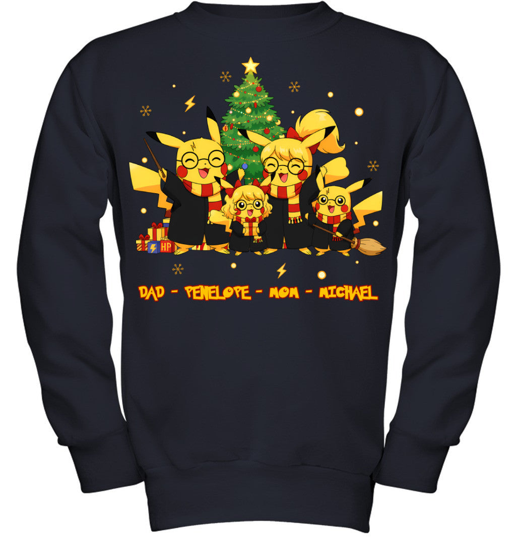 Pikachu x Harry Potter Parents & Kids Custom Name Christmas T-Shirt for Family
