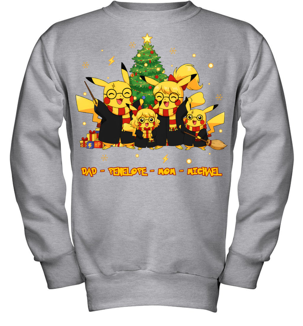 Pikachu x Harry Potter Parents & Kids Custom Name Christmas T-Shirt for Family