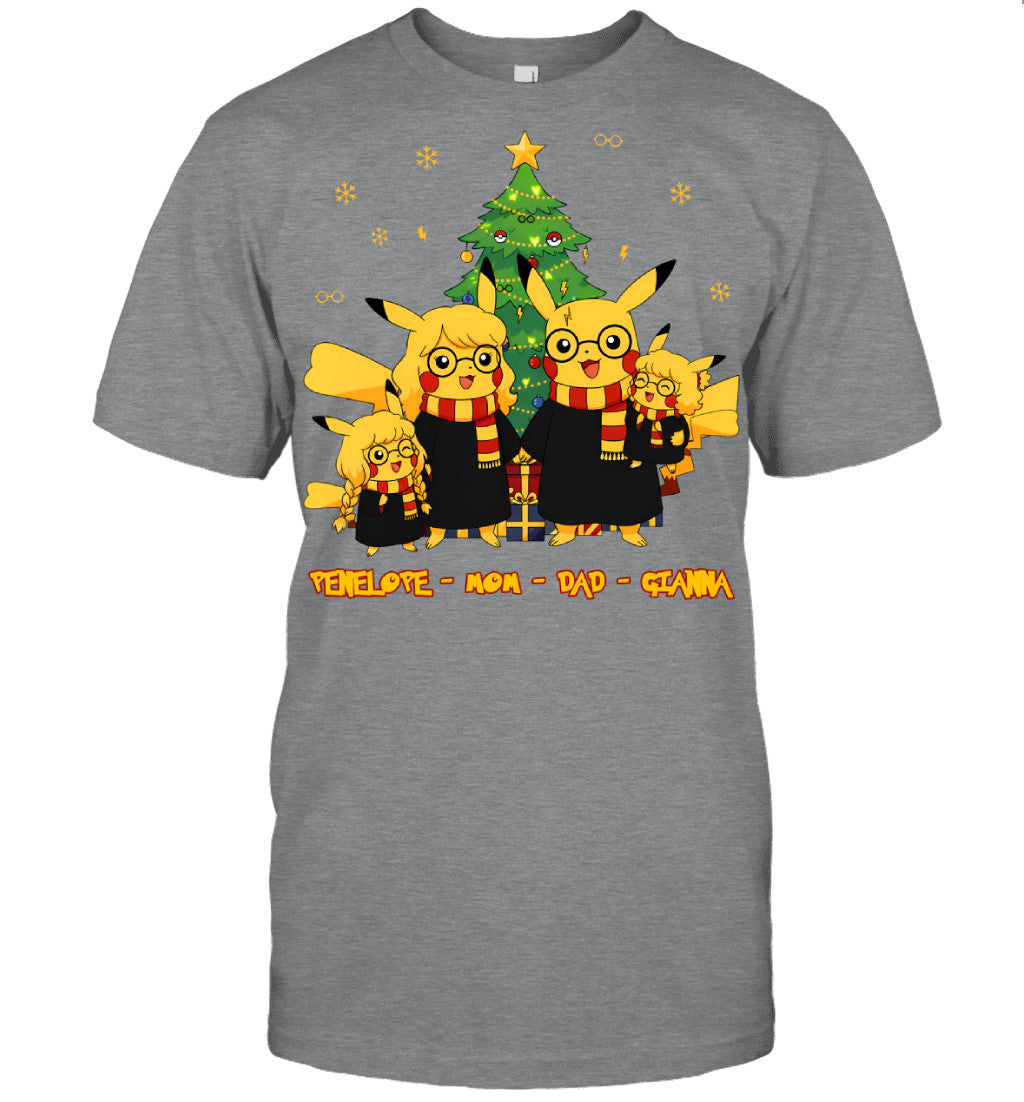Pikachu x Harry Potter Parents & Daughters Custom Name Christmas T-Shirt for Family