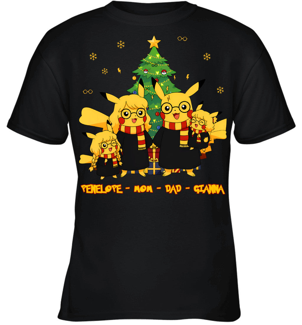 Pikachu x Harry Potter Parents & Daughters Custom Name Christmas T-Shirt for Family