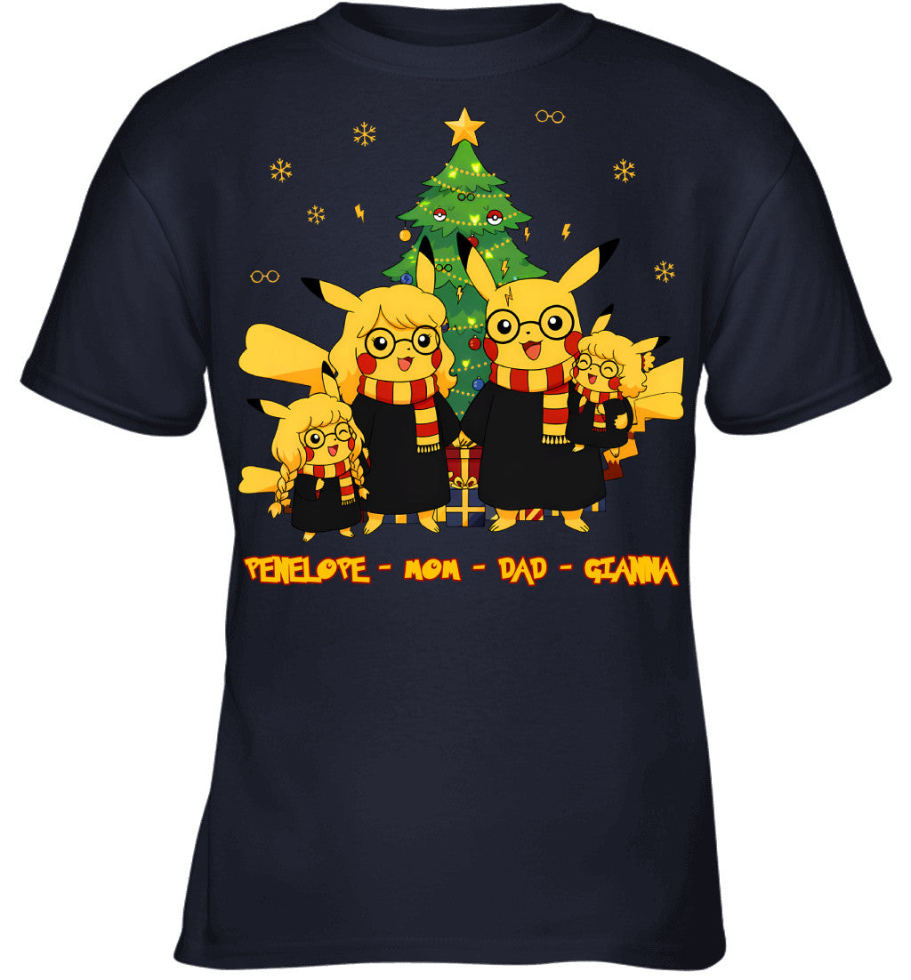 Pikachu x Harry Potter Parents & Daughters Custom Name Christmas T-Shirt for Family