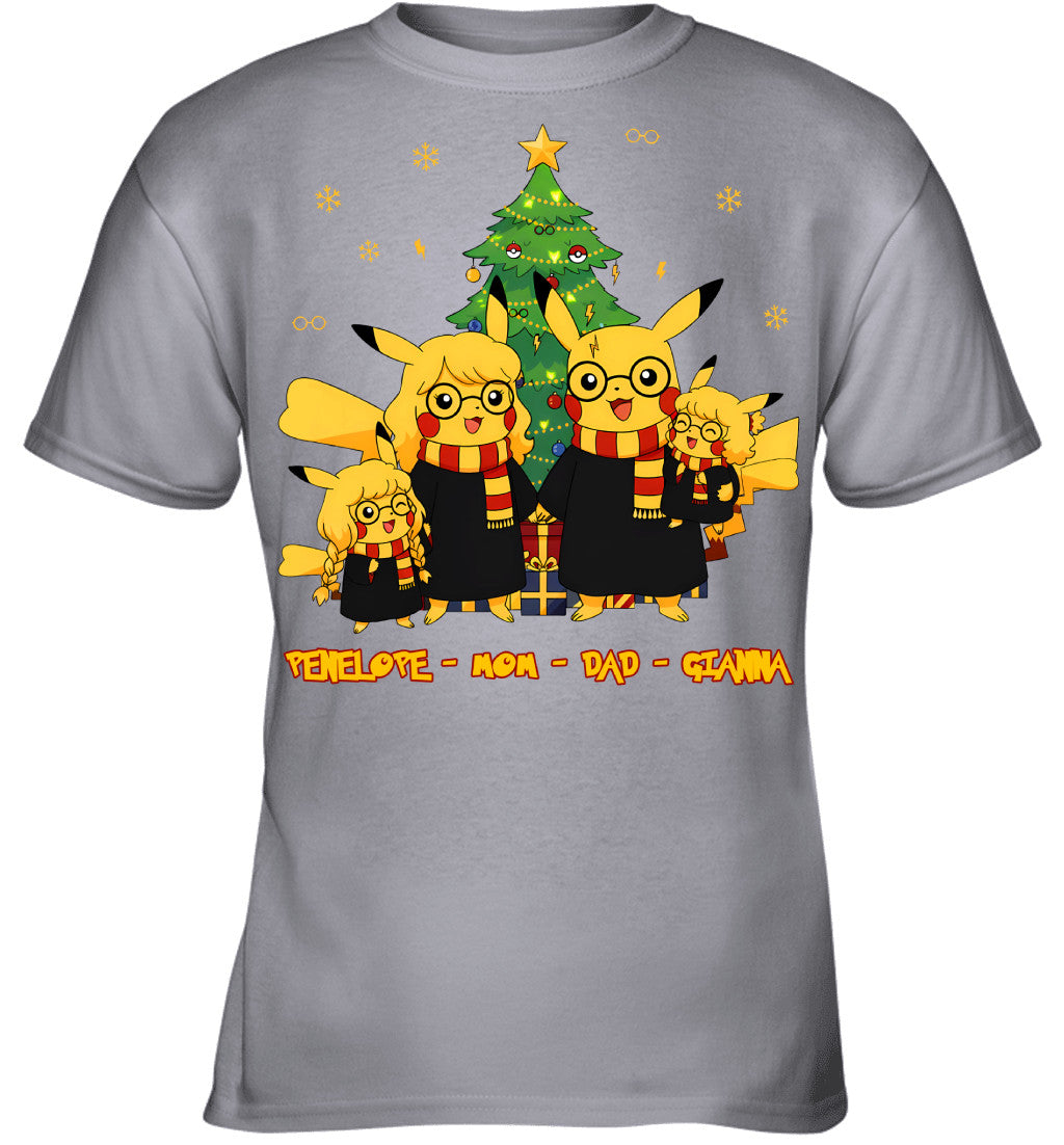 Pikachu x Harry Potter Parents & Daughters Custom Name Christmas T-Shirt for Family