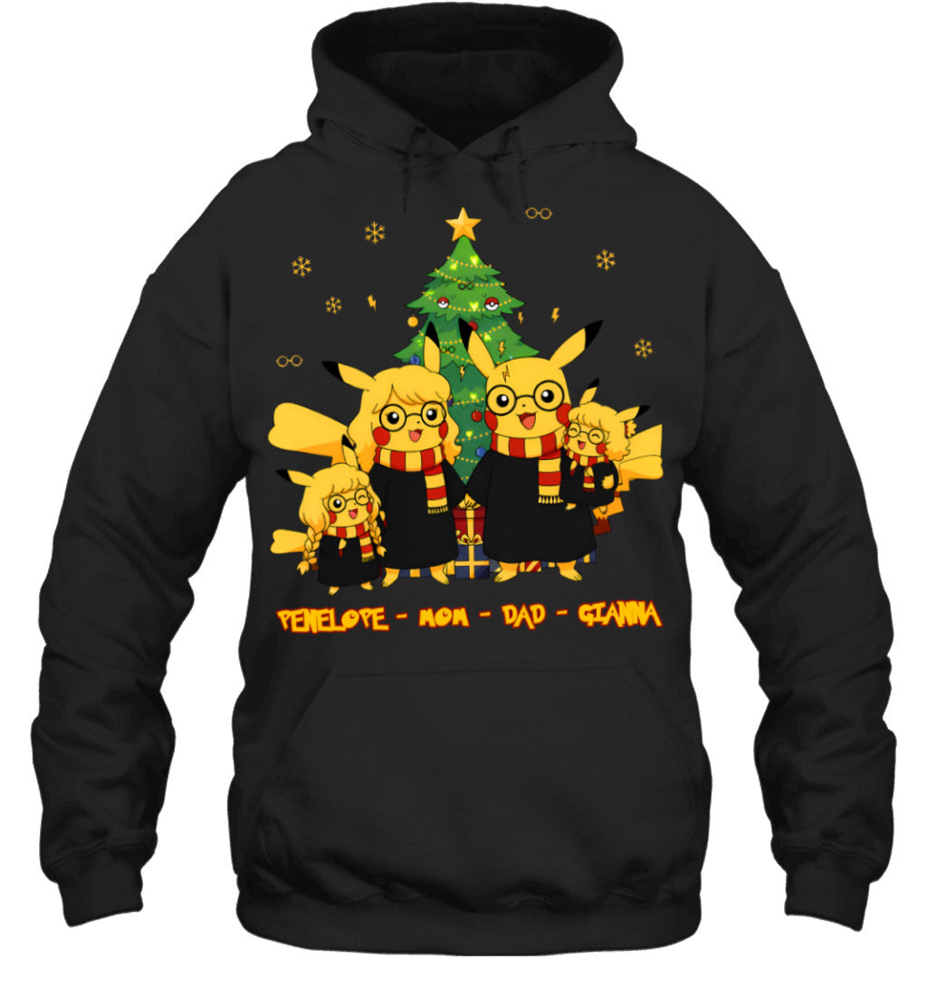 Pikachu x Harry Potter Parents & Daughters Custom Name Christmas T-Shirt for Family