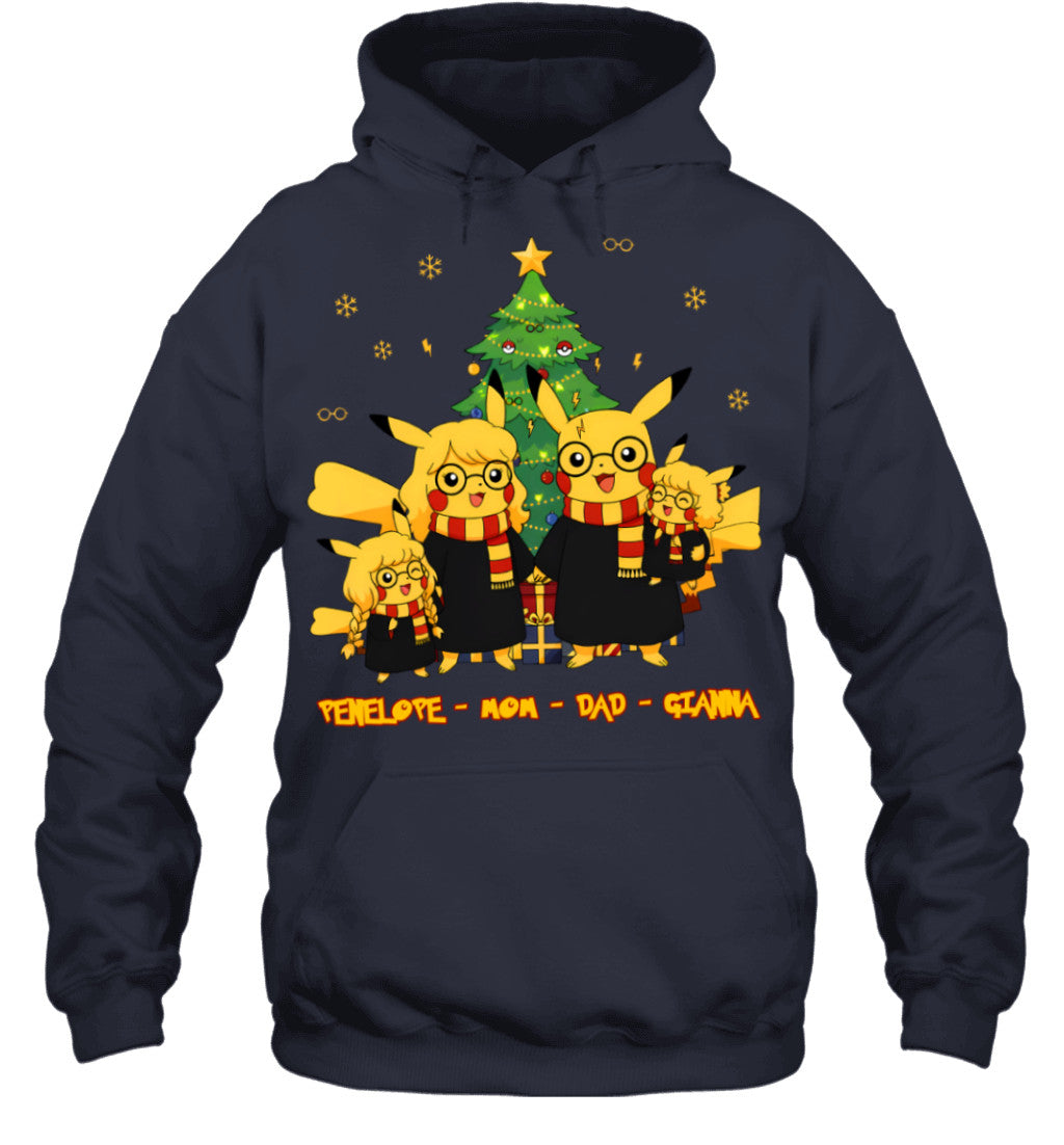 Pikachu x Harry Potter Parents & Daughters Custom Name Christmas T-Shirt for Family