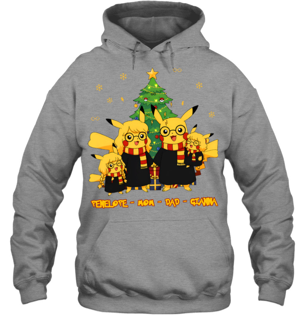 Pikachu x Harry Potter Parents & Daughters Custom Name Christmas T-Shirt for Family