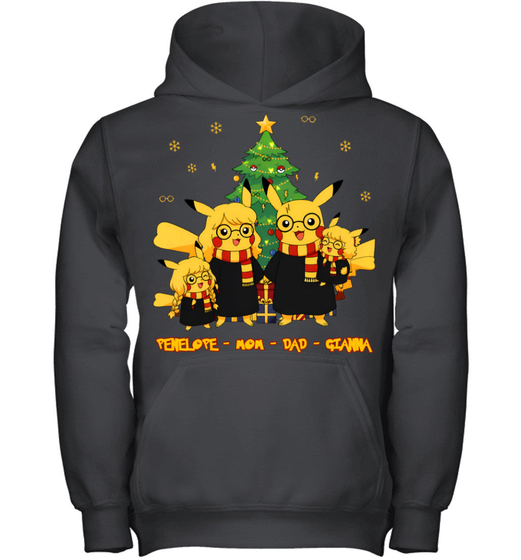 Pikachu x Harry Potter Parents & Daughters Custom Name Christmas T-Shirt for Family
