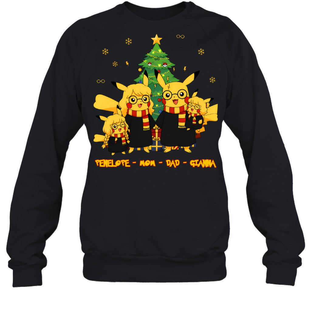 Pikachu x Harry Potter Parents & Daughters Custom Name Christmas T-Shirt for Family