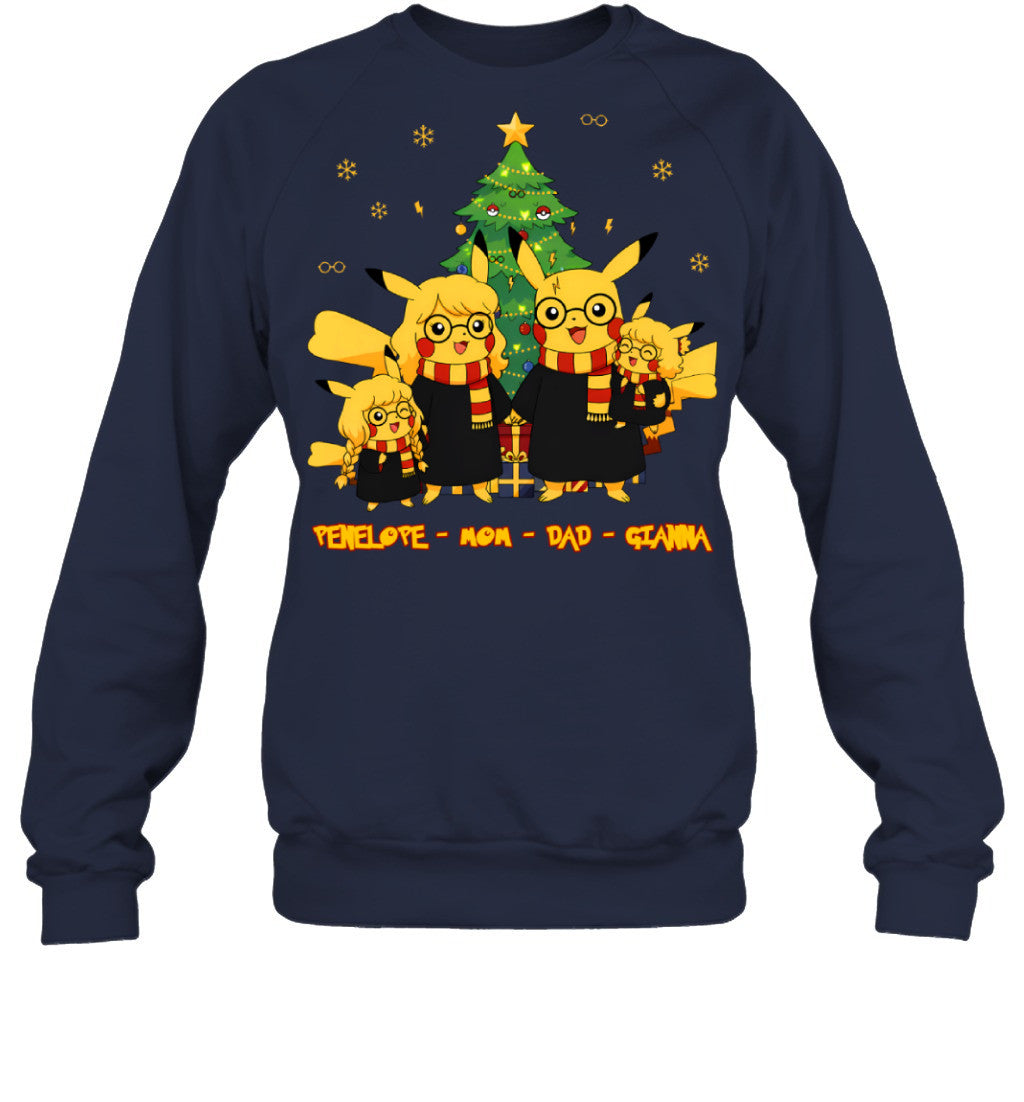 Pikachu x Harry Potter Parents & Daughters Custom Name Christmas T-Shirt for Family