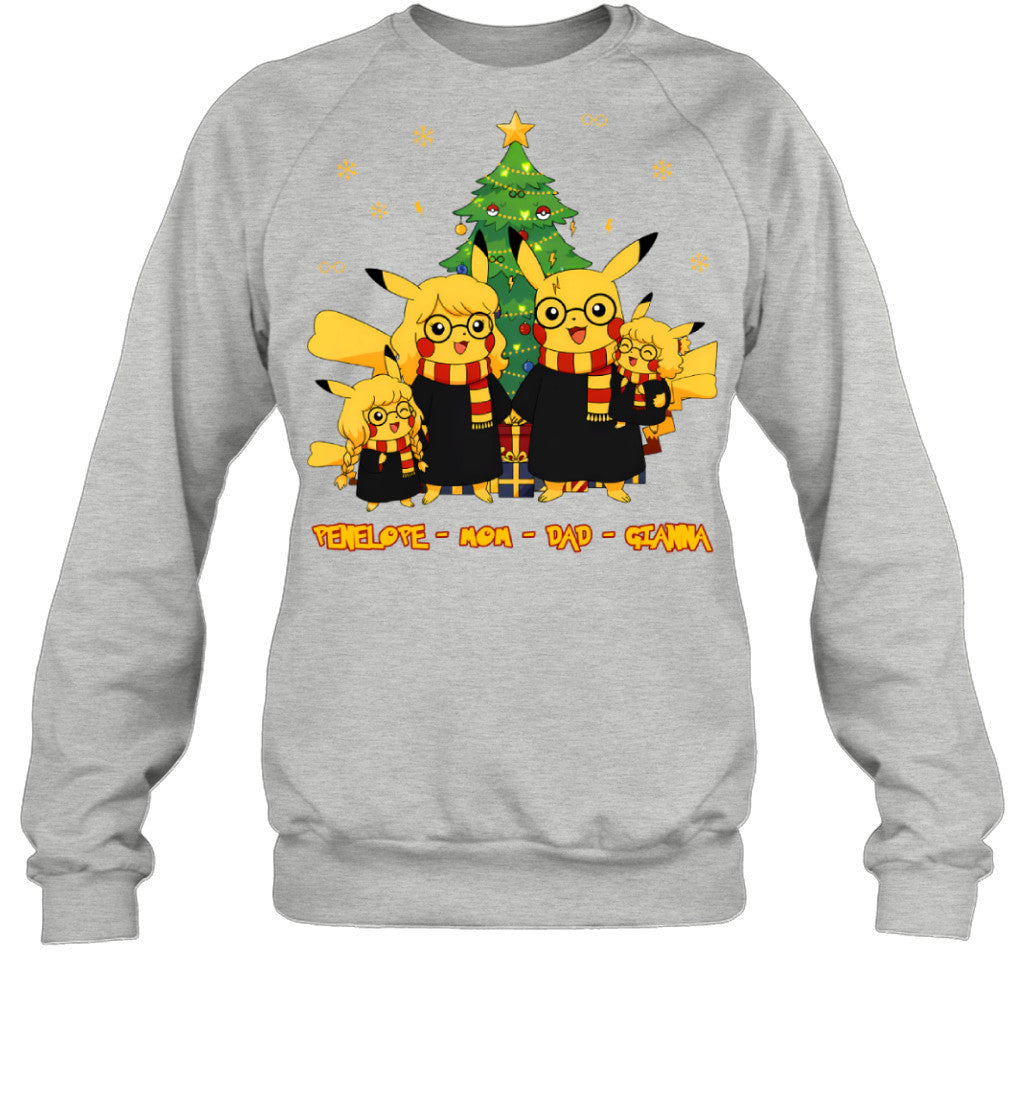 Pikachu x Harry Potter Parents & Daughters Custom Name Christmas T-Shirt for Family