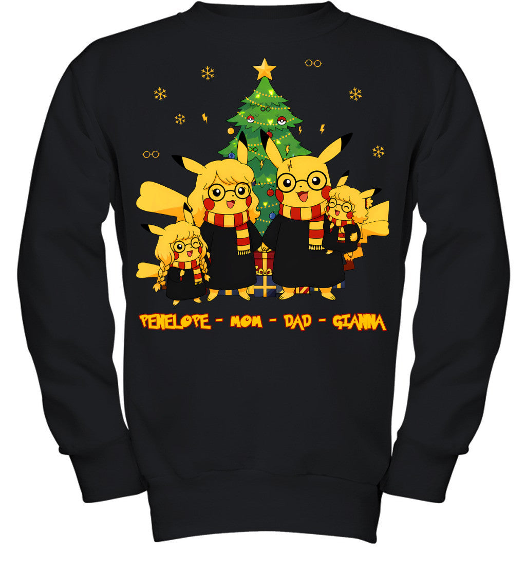 Pikachu x Harry Potter Parents & Daughters Custom Name Christmas T-Shirt for Family