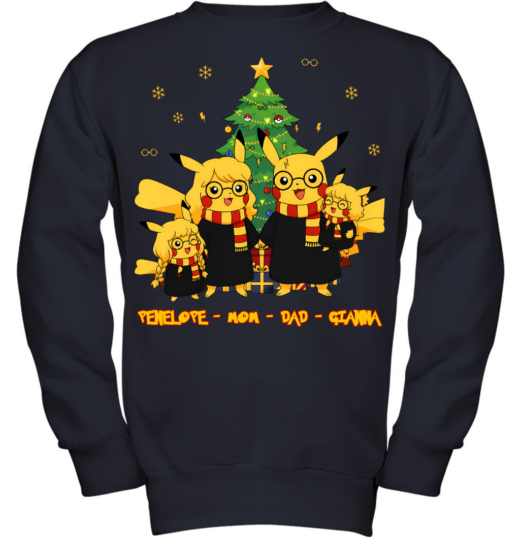 Pikachu x Harry Potter Parents & Daughters Custom Name Christmas T-Shirt for Family