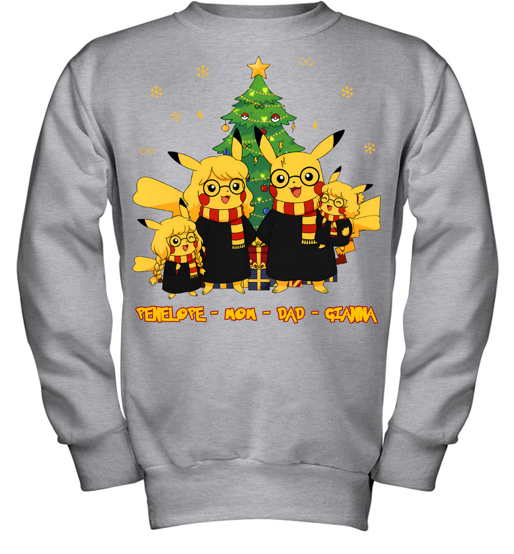 Pikachu x Harry Potter Parents & Daughters Custom Name Christmas T-Shirt for Family