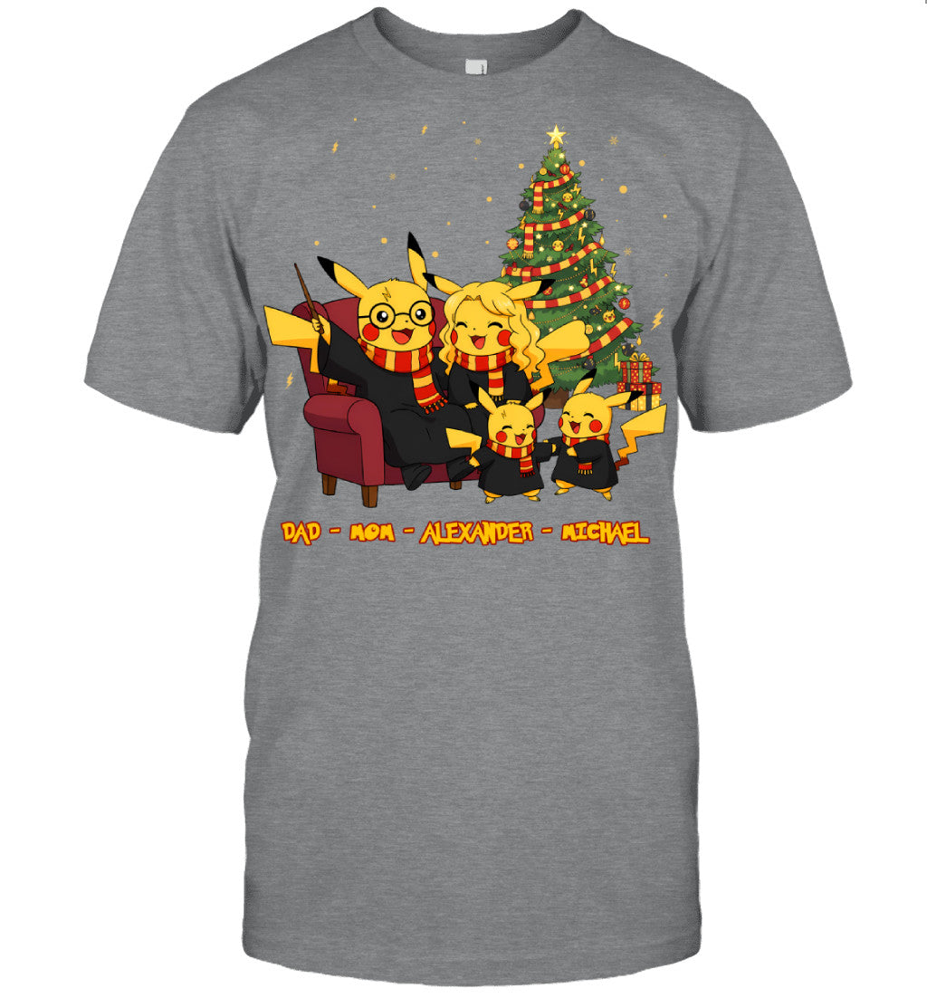 Pikachu x Harry Potter Parents & Sons Custom Name Christmas T-Shirt for Family