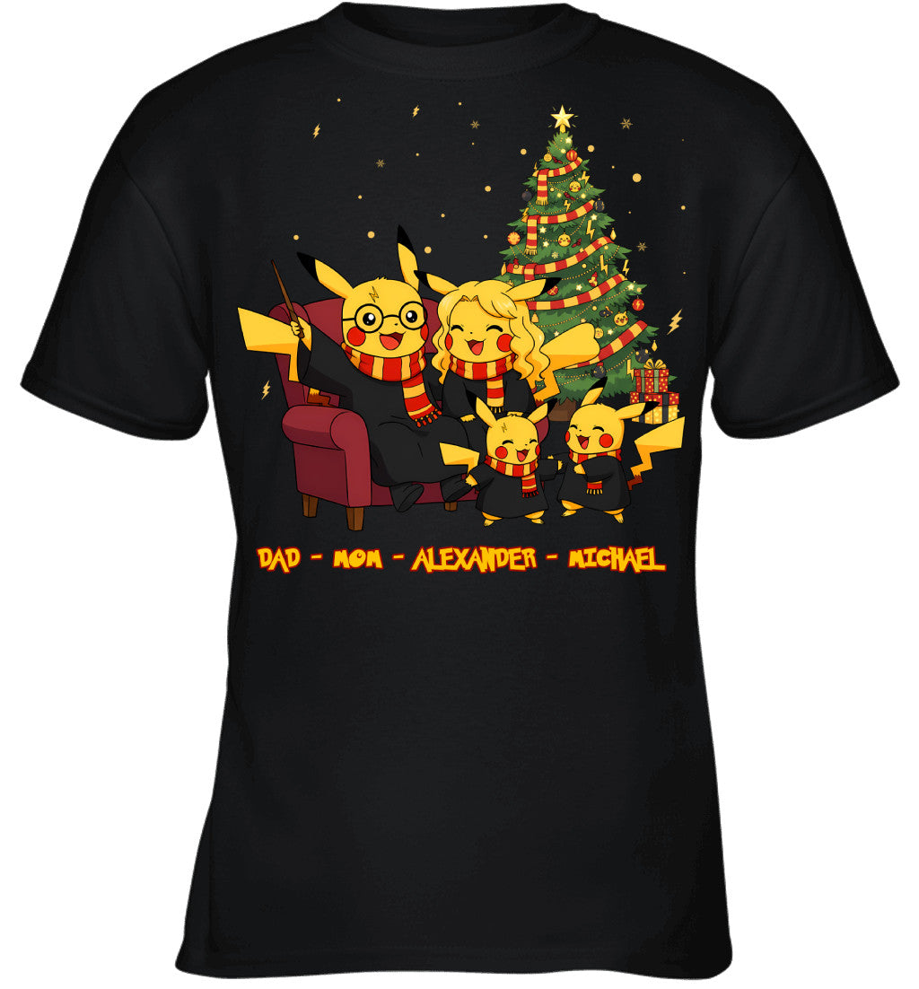 Pikachu x Harry Potter Parents & Sons Custom Name Christmas T-Shirt for Family